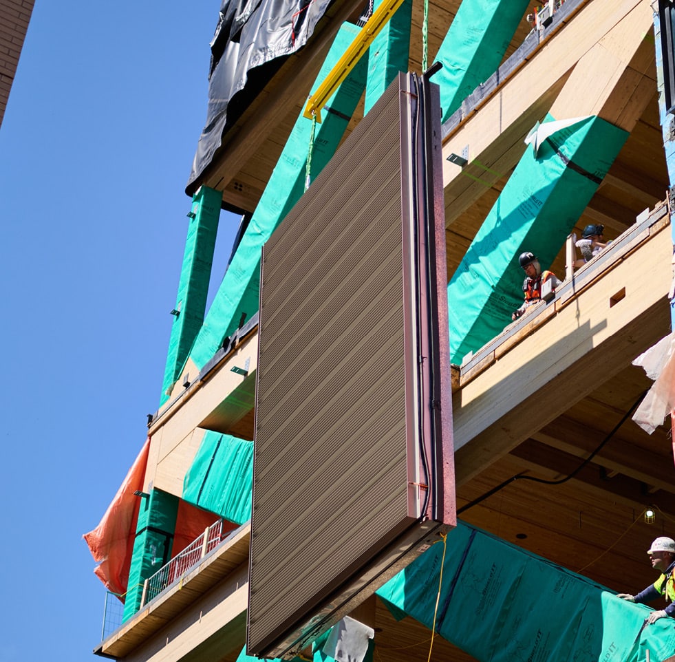 UnitiWall prefabricated wall panels installed at the Academic Wood Tower, University of Toronto